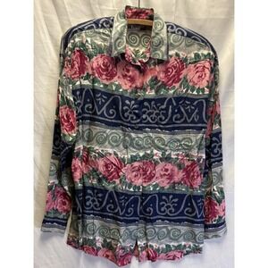 Krazy Kat Women's Button Up Blouse Floral Long Sleeve Padded Shoulders 90s Rayon